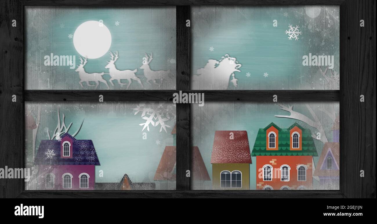 Image of white silhouette on santa claus in sleigh being pulled by ...