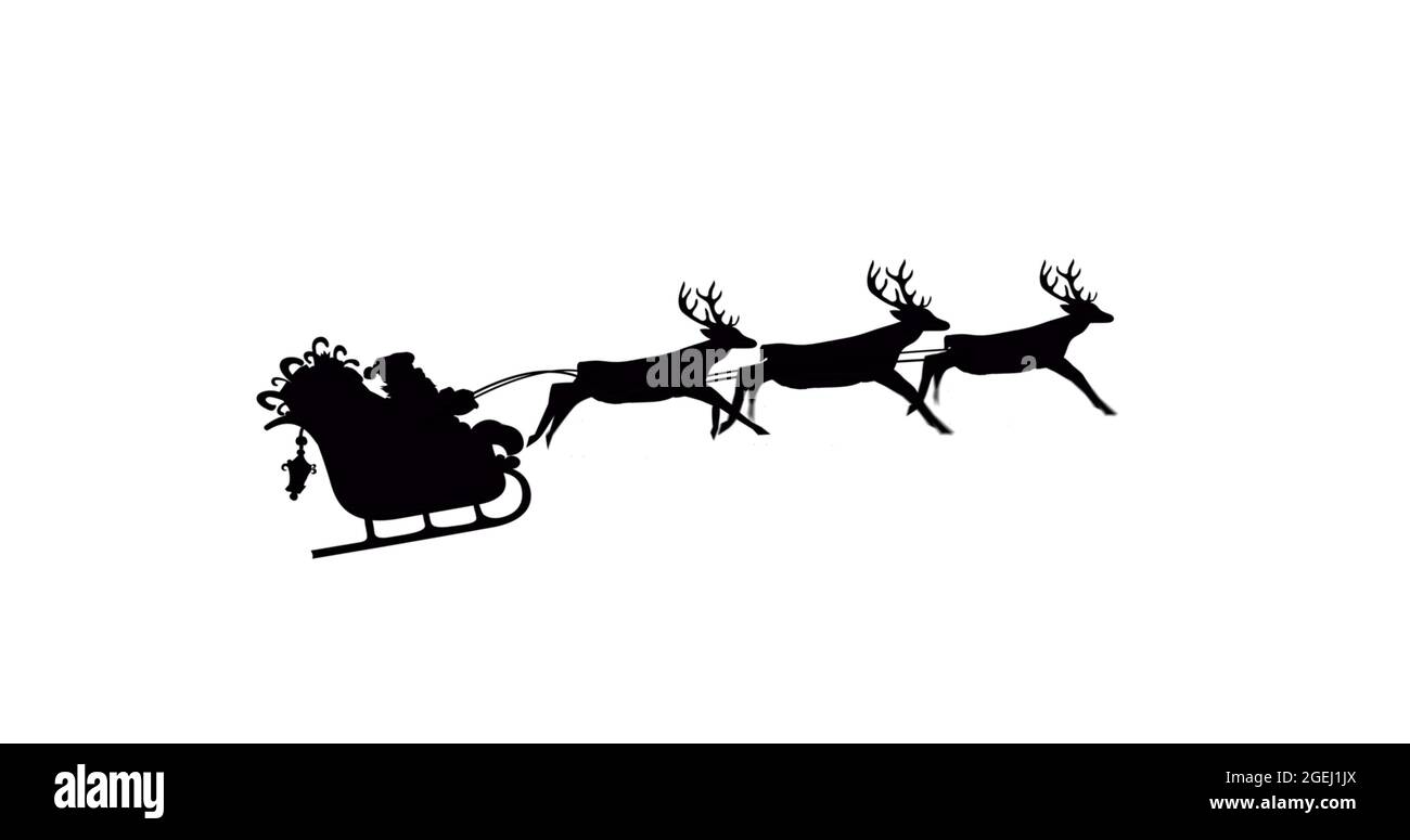 Image of black silhouette of santa claus in sleigh being pulled by ...