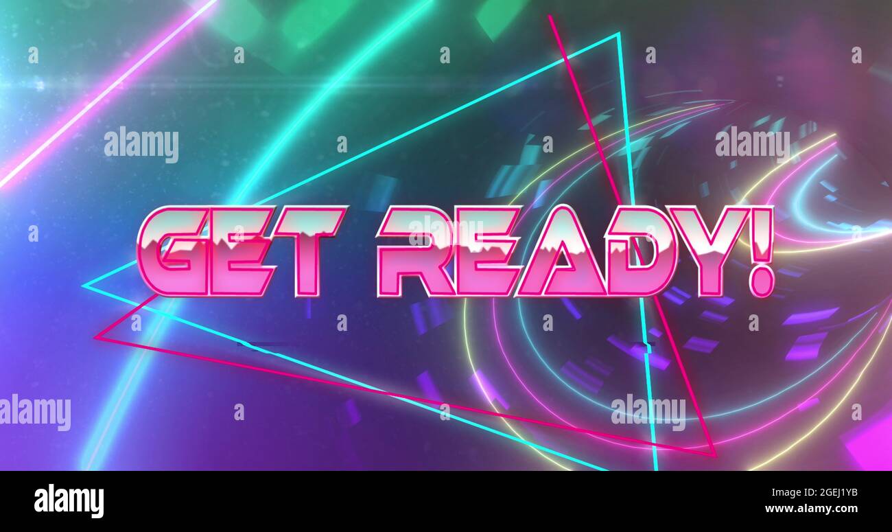 Get ready image game screen over triangles and glowing neons Stock Photo
