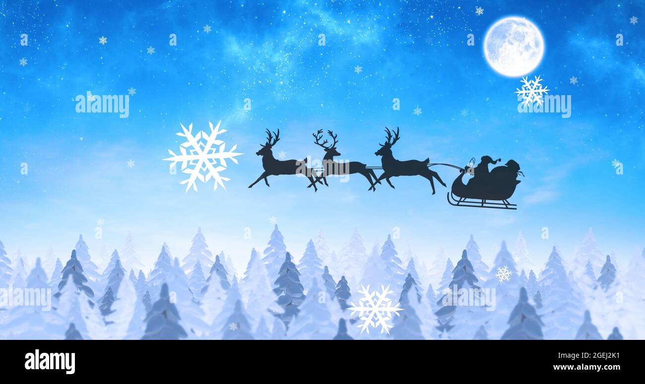 Image of black silhouette of santa claus in sleigh being pulled by ...