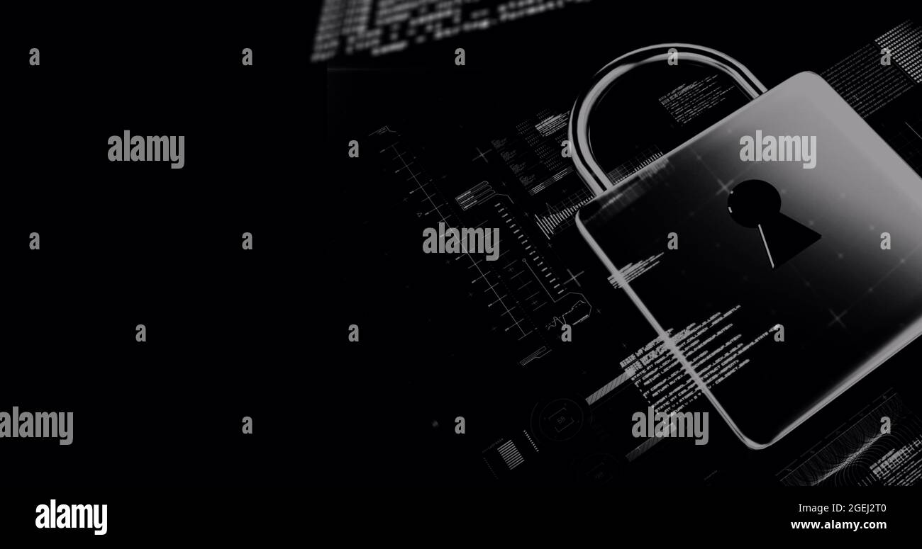 Image of data processing and online security digital padlock on black ...