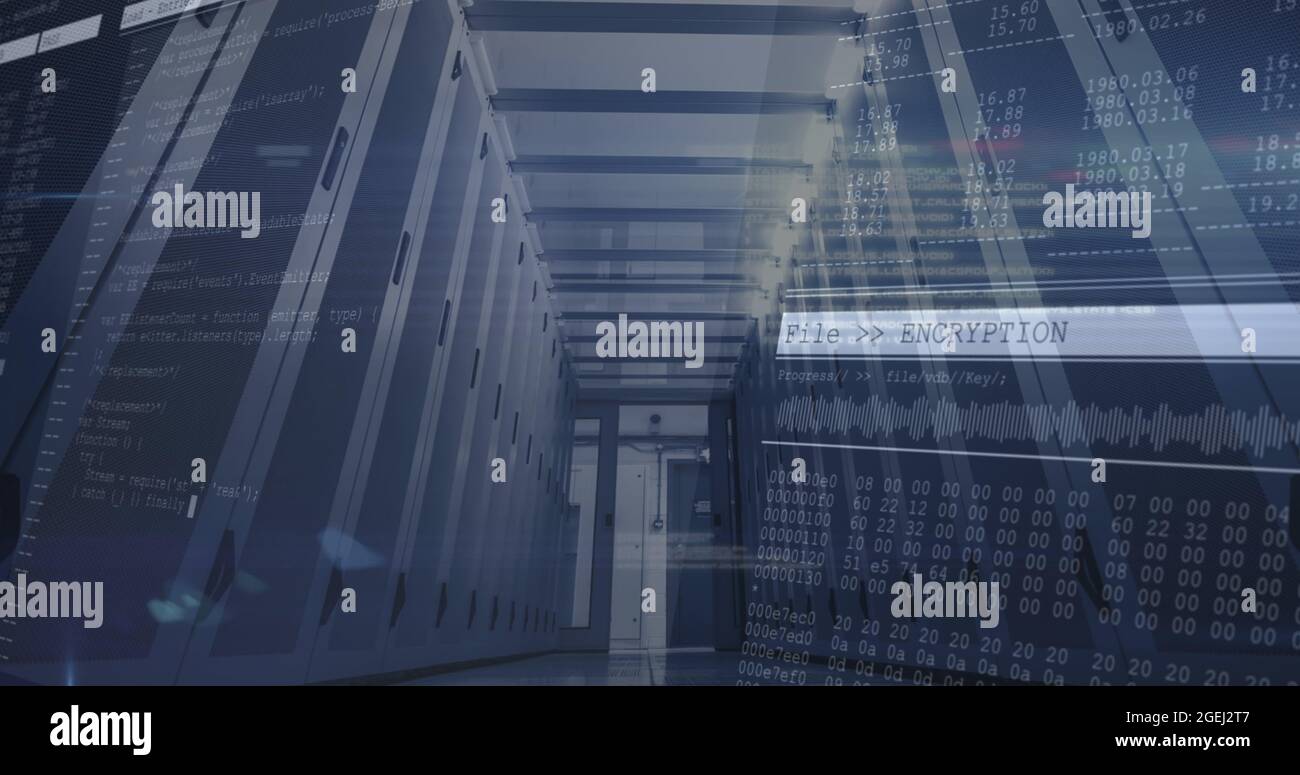 Image of data processing on computer screens over tech room with ...