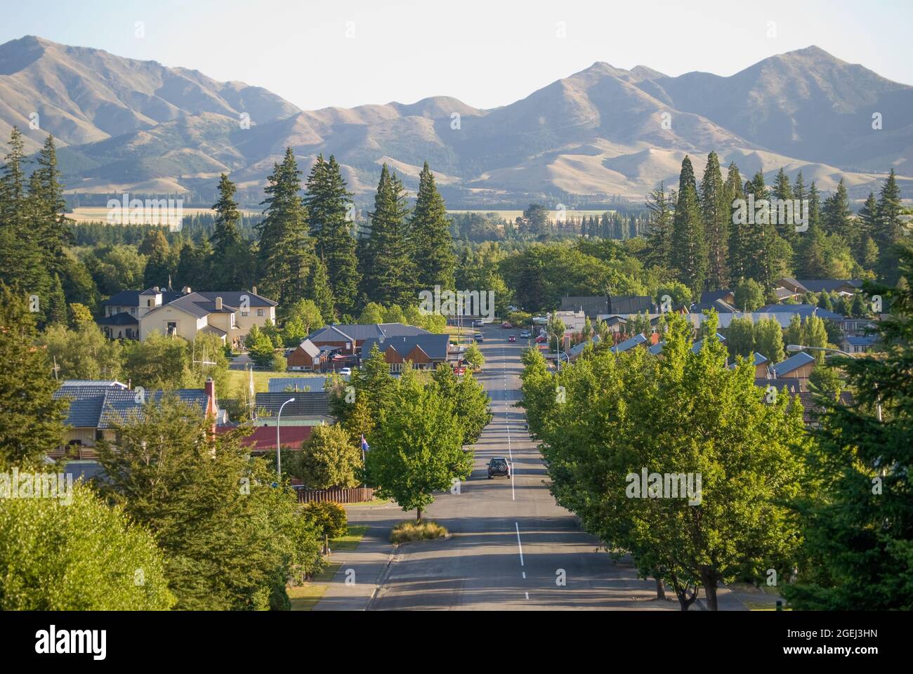 Resort view from Conical Hill, Hanmer Springs, Hurunui District, Canterbury, New Zealand Stock Photo
