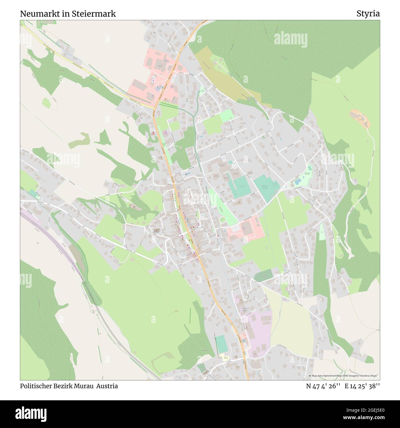 Neumarkt in Steiermark, Politischer Bezirk Murau, Austria, Styria, N 47 4' 26'', E 14 25' 38'', map, Timeless Map published in 2021. Travelers, explorers and adventurers like Florence Nightingale, David Livingstone, Ernest Shackleton, Lewis and Clark and Sherlock Holmes relied on maps to plan travels to the world's most remote corners, Timeless Maps is mapping most locations on the globe, showing the achievement of great dreams Stock Photo