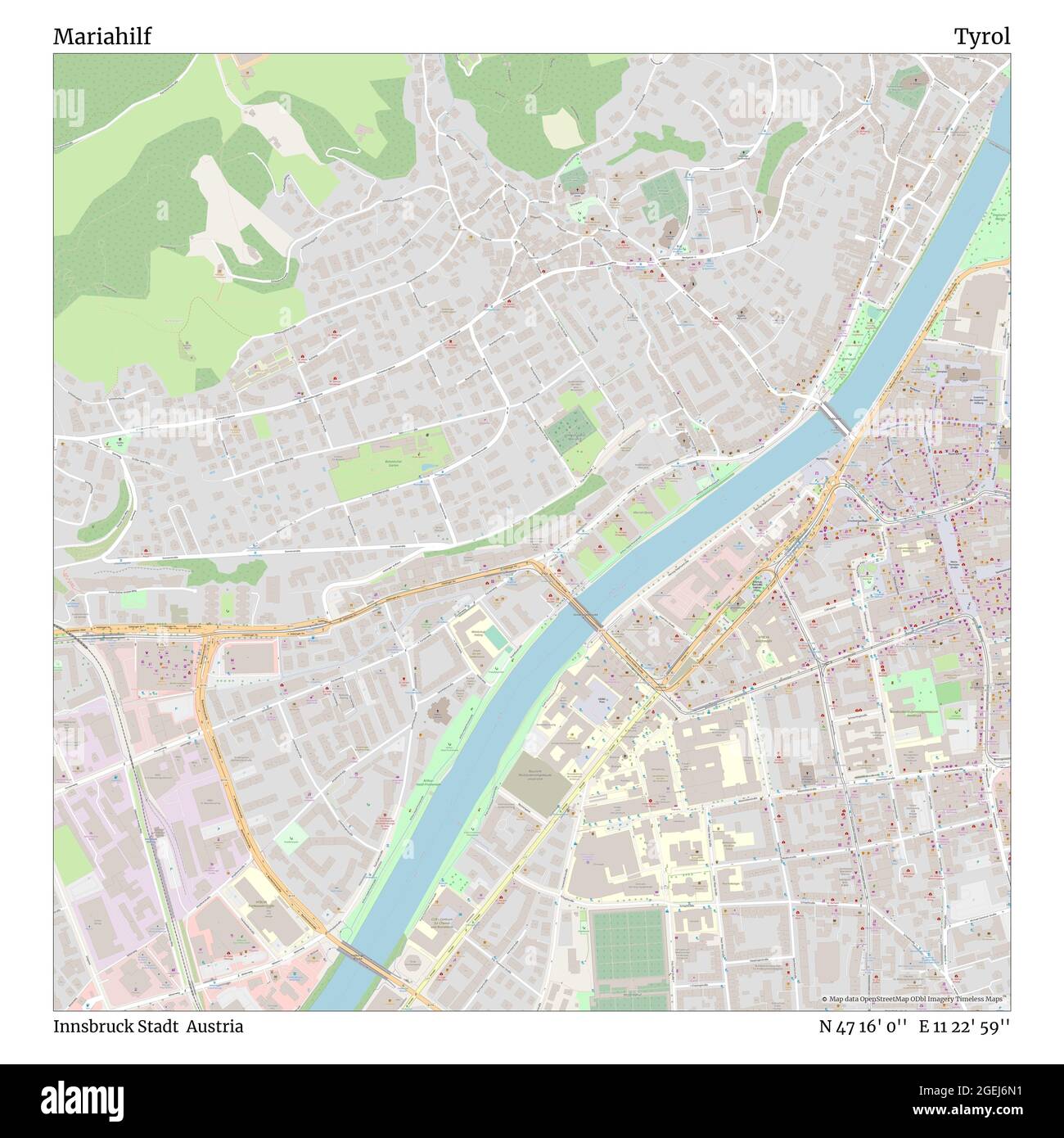 Mariahilf, Innsbruck Stadt, Austria, Tyrol, N 47 16' 0'', E 11 22' 59'', map, Timeless Map published in 2021. Travelers, explorers and adventurers like Florence Nightingale, David Livingstone, Ernest Shackleton, Lewis and Clark and Sherlock Holmes relied on maps to plan travels to the world's most remote corners, Timeless Maps is mapping most locations on the globe, showing the achievement of great dreams Stock Photo