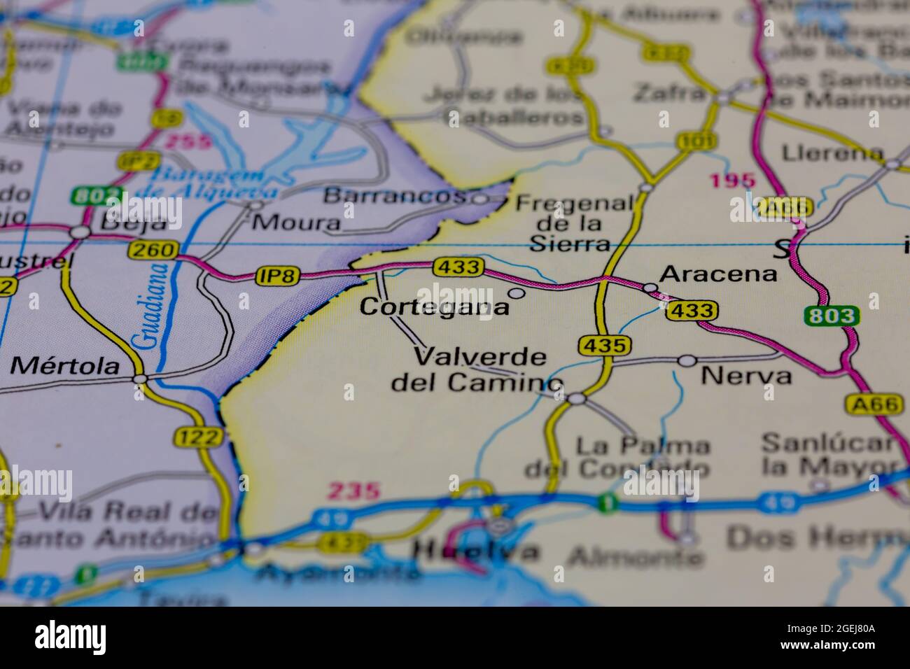 Cortegana Spain shown on a road map or Geography map Stock Photo