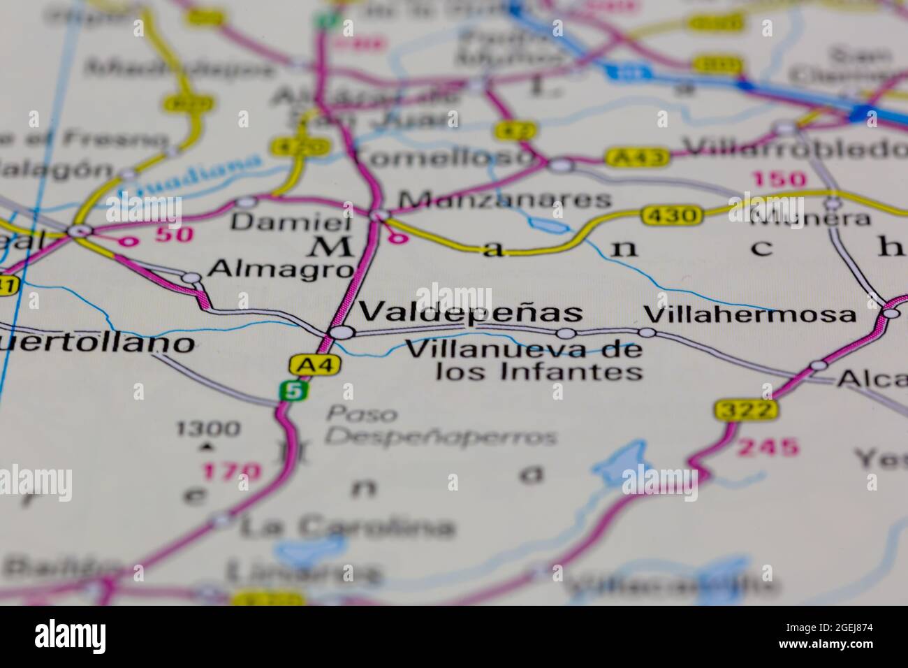 Valdepenas Spain shown on a road map or Geography map Stock Photo