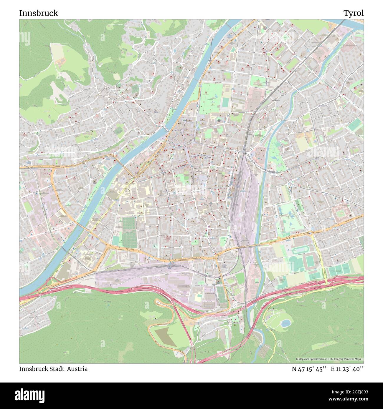 Innsbruck, Innsbruck Stadt, Austria, Tyrol, N 47 15' 45'', E 11 23' 40'', map, Timeless Map published in 2021. Travelers, explorers and adventurers like Florence Nightingale, David Livingstone, Ernest Shackleton, Lewis and Clark and Sherlock Holmes relied on maps to plan travels to the world's most remote corners, Timeless Maps is mapping most locations on the globe, showing the achievement of great dreams Stock Photo