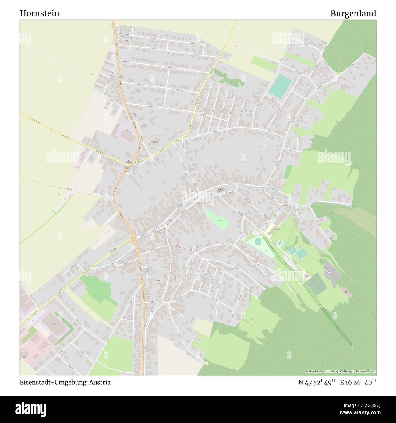 Hornstein, Eisenstadt-Umgebung, Austria, Burgenland, N 47 52' 49'', E 16 26' 40'', map, Timeless Map published in 2021. Travelers, explorers and adventurers like Florence Nightingale, David Livingstone, Ernest Shackleton, Lewis and Clark and Sherlock Holmes relied on maps to plan travels to the world's most remote corners, Timeless Maps is mapping most locations on the globe, showing the achievement of great dreams Stock Photo