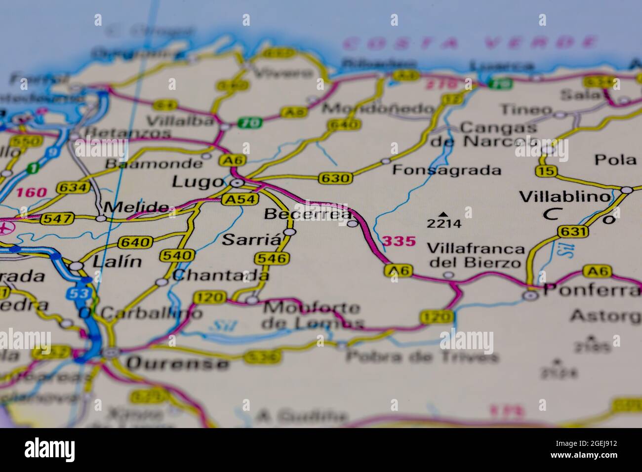 Becerrea Spain shown on a road map or Geography map Stock Photo