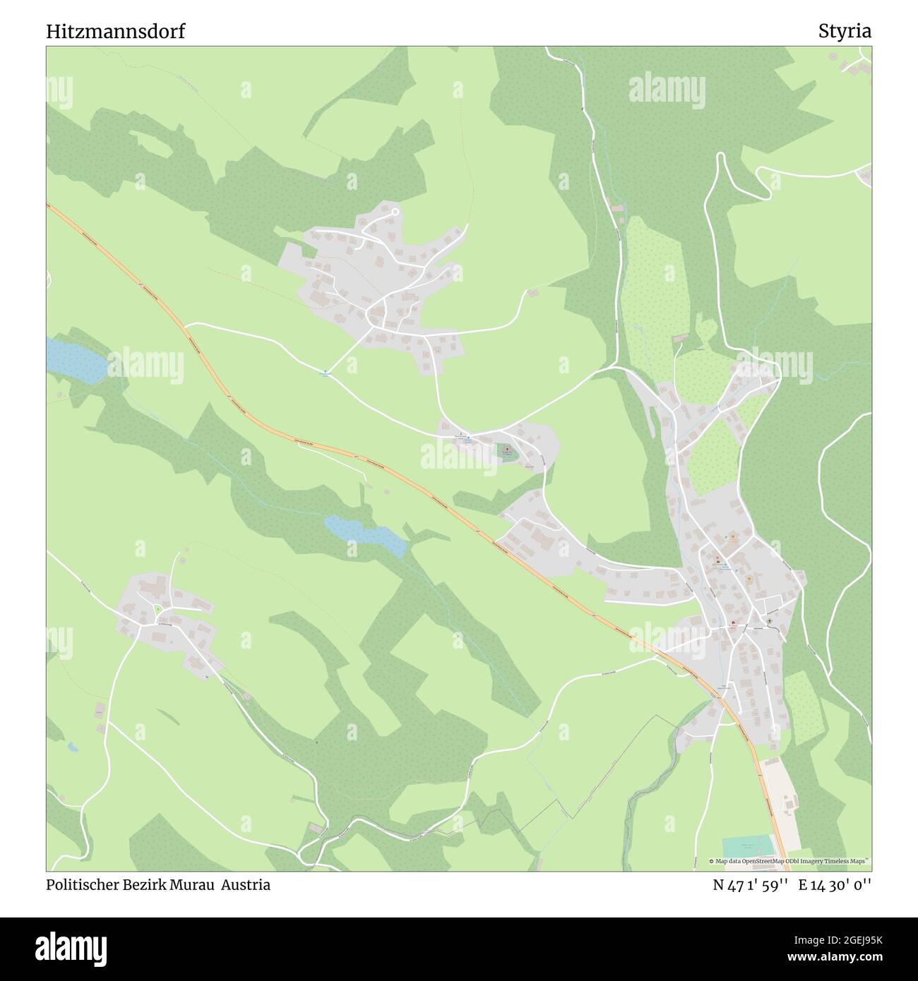Hitzmannsdorf, Politischer Bezirk Murau, Austria, Styria, N 47 1' 59'', E 14 30' 0'', map, Timeless Map published in 2021. Travelers, explorers and adventurers like Florence Nightingale, David Livingstone, Ernest Shackleton, Lewis and Clark and Sherlock Holmes relied on maps to plan travels to the world's most remote corners, Timeless Maps is mapping most locations on the globe, showing the achievement of great dreams Stock Photo