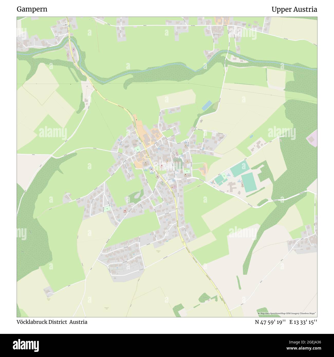 Gampern, Vöcklabruck District, Austria, Upper Austria, N 47 59' 19'', E 13 33' 15'', map, Timeless Map published in 2021. Travelers, explorers and adventurers like Florence Nightingale, David Livingstone, Ernest Shackleton, Lewis and Clark and Sherlock Holmes relied on maps to plan travels to the world's most remote corners, Timeless Maps is mapping most locations on the globe, showing the achievement of great dreams Stock Photo