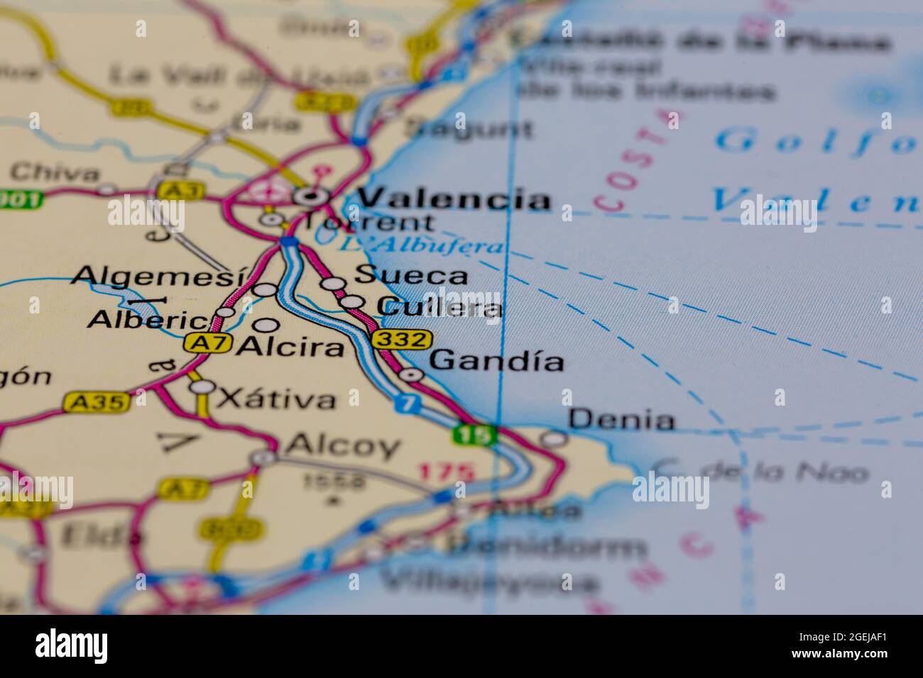 Cullera Spain shown on a road map or Geography map Stock Photo