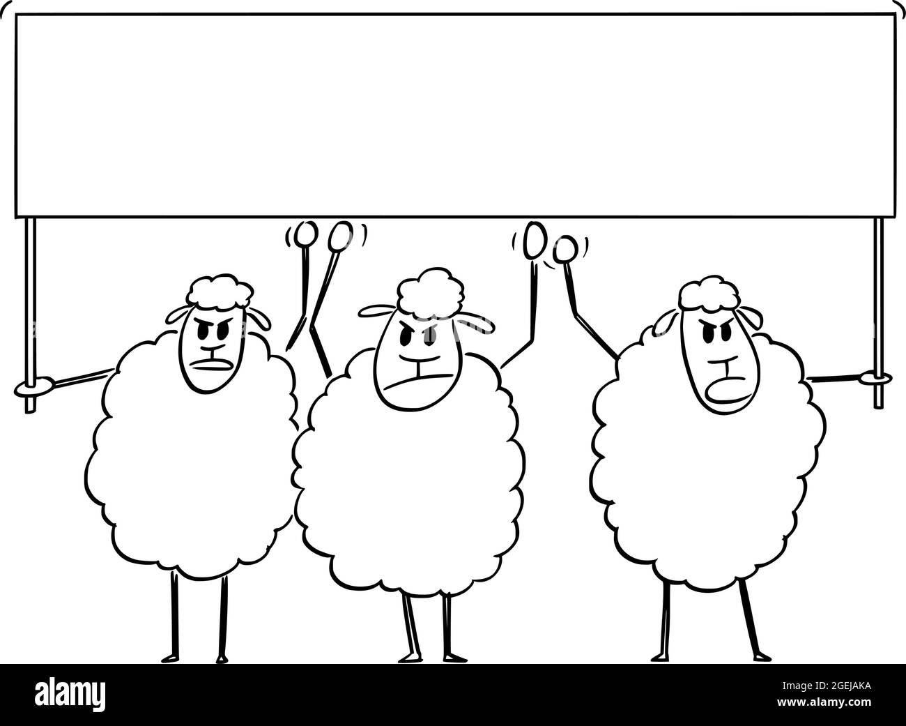 Crowd of Sheep Holding Empty Sign, Vector Cartoon Illustration Stock Vector