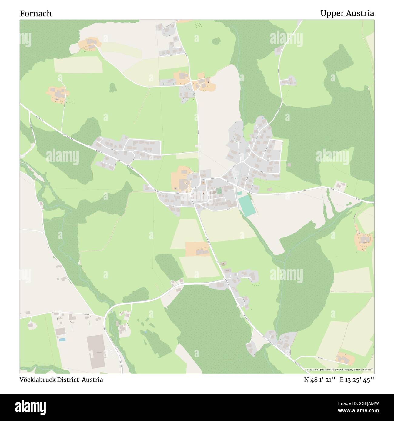 Fornach, Vöcklabruck District, Austria, Upper Austria, N 48 1' 21'', E 13 25' 45'', map, Timeless Map published in 2021. Travelers, explorers and adventurers like Florence Nightingale, David Livingstone, Ernest Shackleton, Lewis and Clark and Sherlock Holmes relied on maps to plan travels to the world's most remote corners, Timeless Maps is mapping most locations on the globe, showing the achievement of great dreams Stock Photo