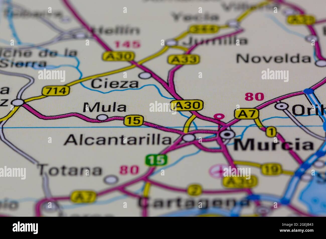 Mula Spain shown on a road map or Geography map Stock Photo