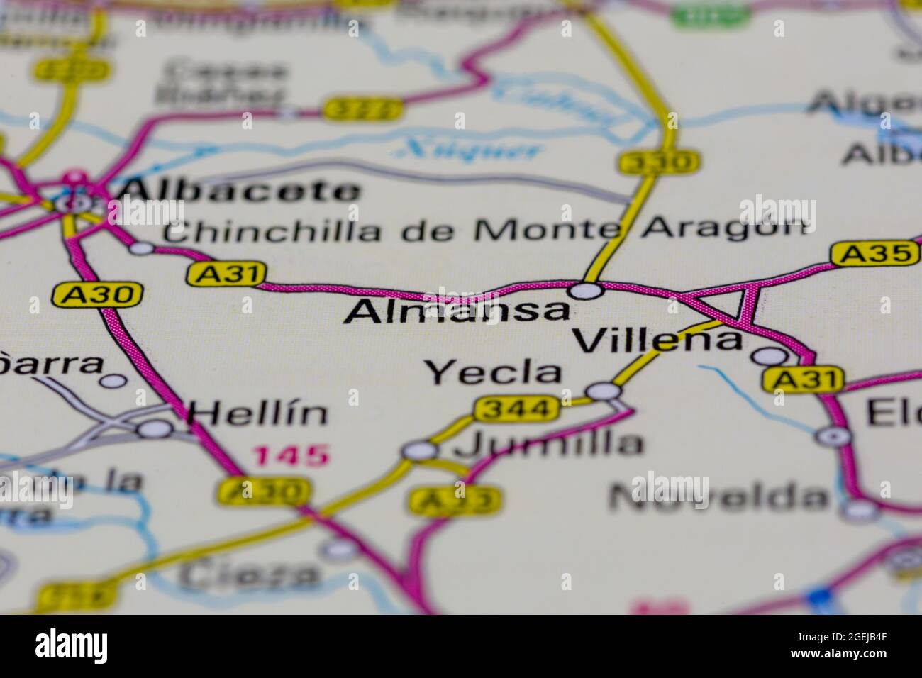 Almansa Spain shown on a road map or Geography map Stock Photo