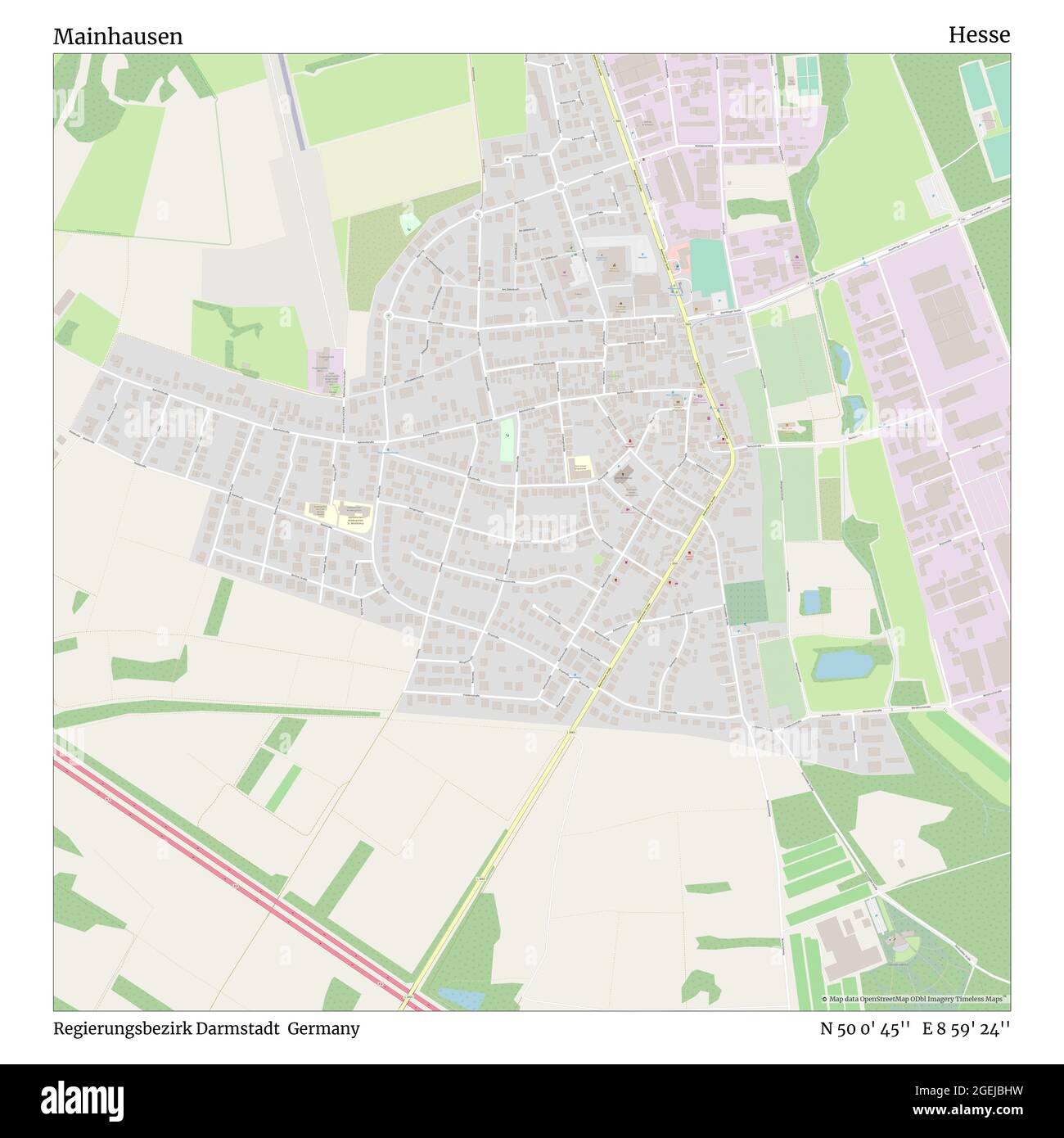 Mainhausen, Regierungsbezirk Darmstadt, Germany, Hesse, N 50 0' 45'', E 8 59' 24'', map, Timeless Map published in 2021. Travelers, explorers and adventurers like Florence Nightingale, David Livingstone, Ernest Shackleton, Lewis and Clark and Sherlock Holmes relied on maps to plan travels to the world's most remote corners, Timeless Maps is mapping most locations on the globe, showing the achievement of great dreams Stock Photo
