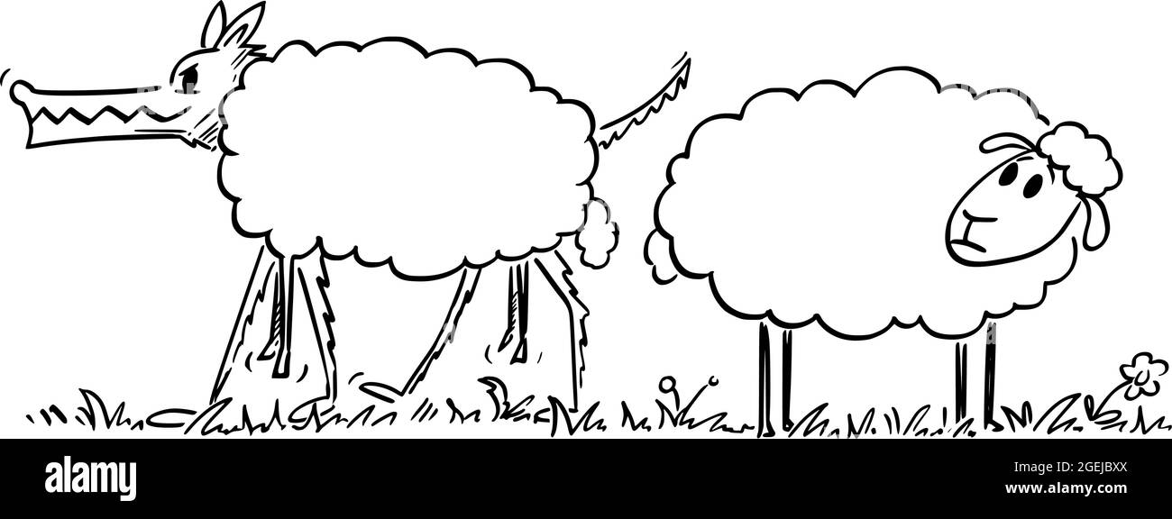 Sheep Looking at Wolf in Sheep's Clothing, Vector Cartoon Illustration Stock Vector