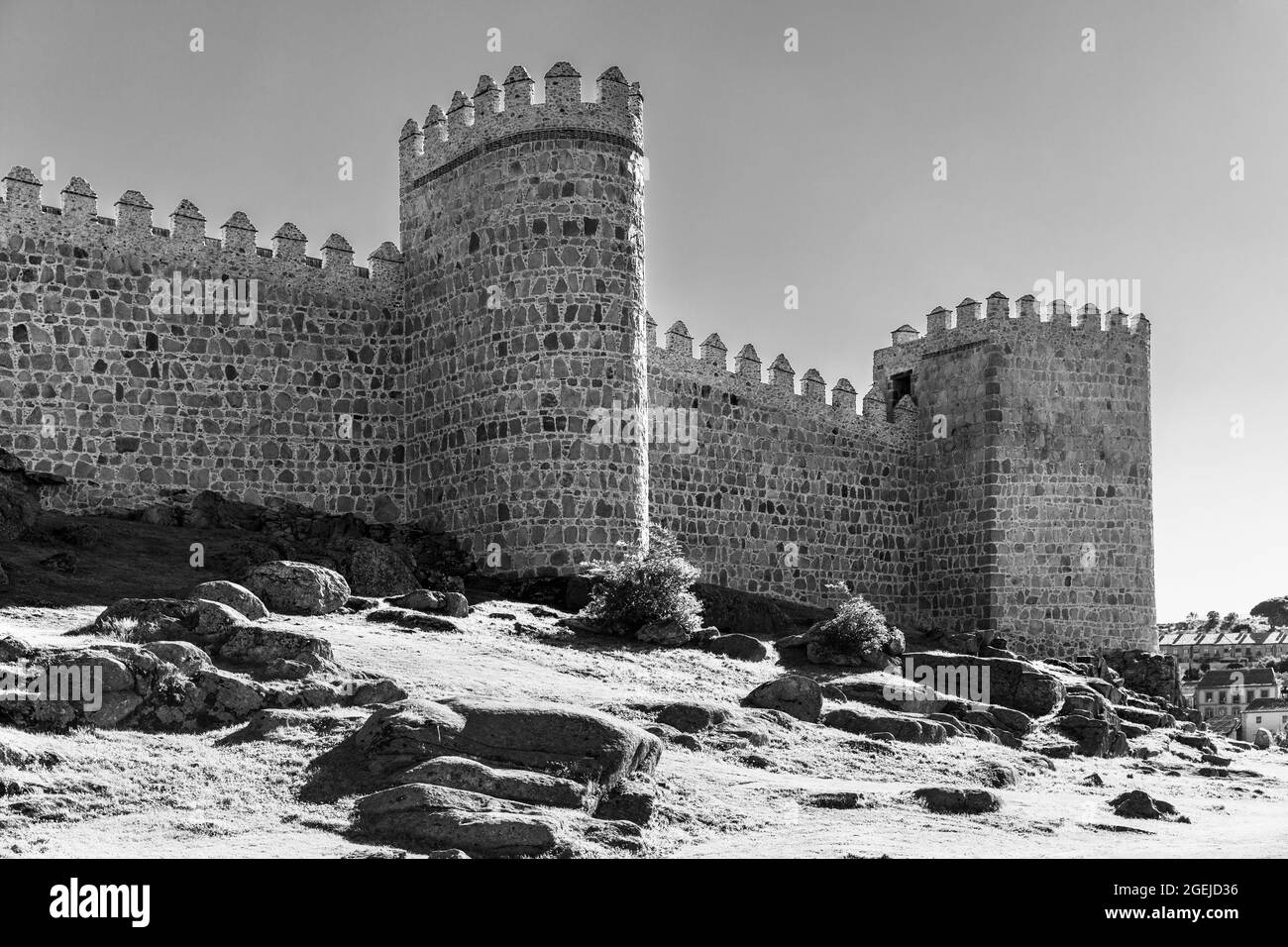 Medieval city walls of Avila in Spain. Black and white photography Stock Photo