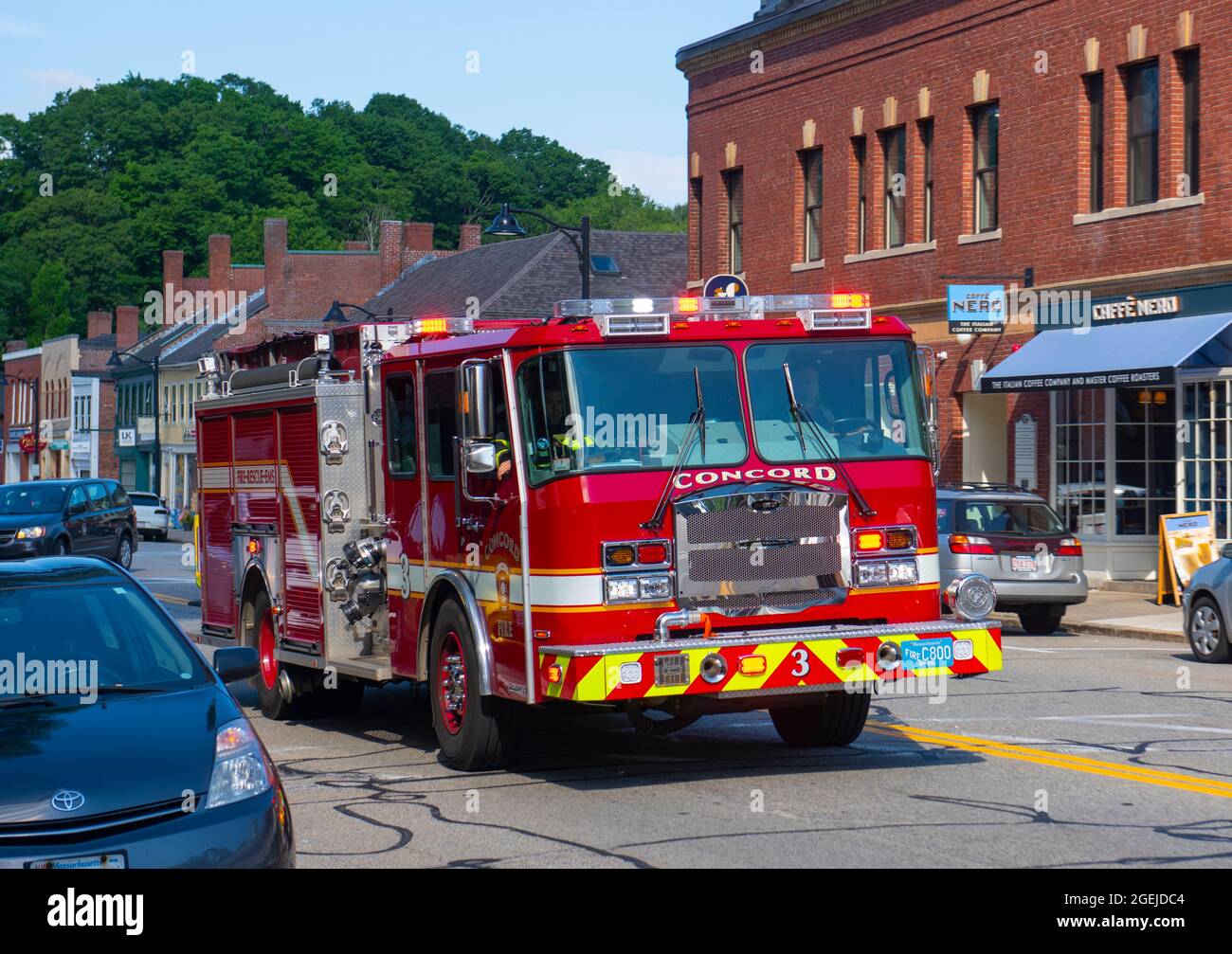 Fire truck on duty on Main Street in historic town center of Concord, Massachusetts MA, USA. Stock Photo