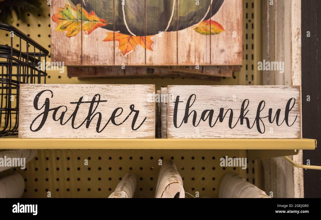Fall and Thanksgiving seasonal decorations for sale in a local North Florida department store. Stock Photo