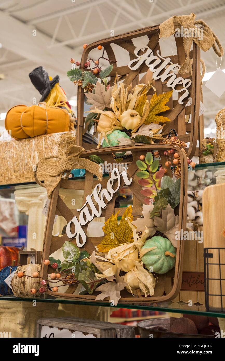 Fall and Thanksgiving seasonal decorations for sale in a local North Florida department store. Stock Photo
