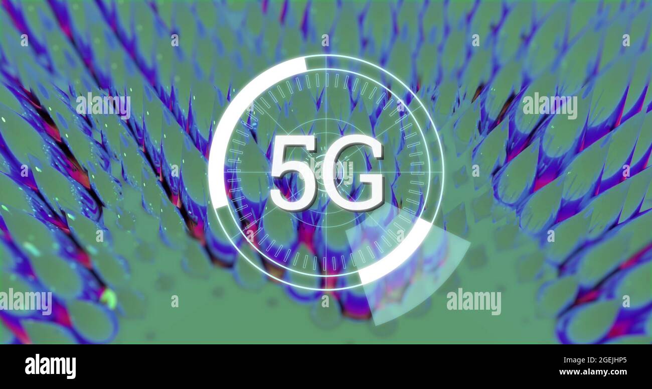 Image of 5g text in white spinning scope over 3d multi coloured background Stock Photo