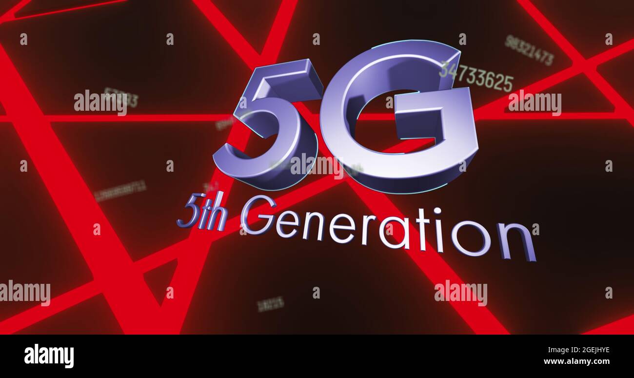 Image of 5g 5th generation text and numbers changing over glowing red ...