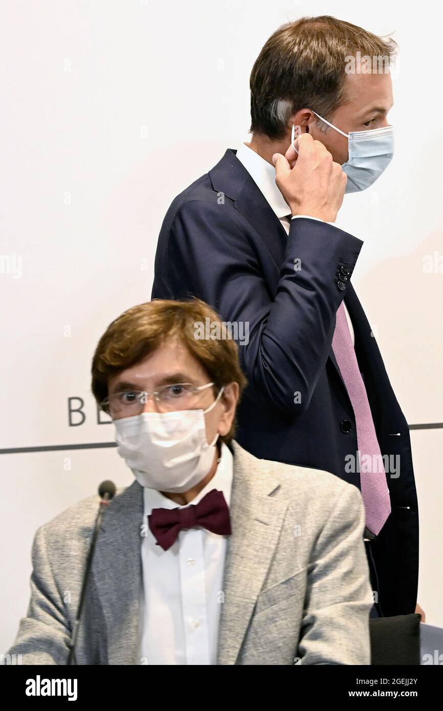 Walloon Minister President Elio Di Rupo and Prime Minister Alexander De Croo pictured during a press conference after a meeting of the consultative co Stock Photo