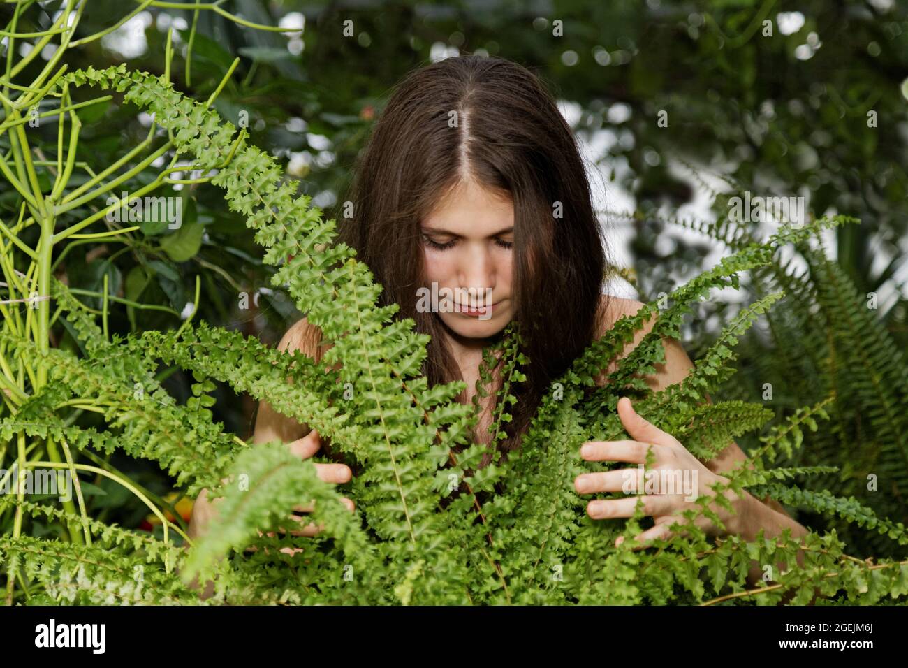 Portrait pretty young girl hugging fern in the blurry background of foliage forest Stock Photo