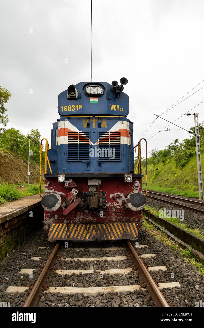 Front view of Indian railways locomotive class WDM-3A from Vatva shed. Electric wire seen over the engine indicating electrification of Konkan railway Stock Photo