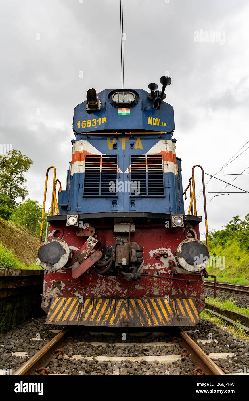 Front view of Indian railways locomotive class WDM-3A from Vatva shed. Electric wire seen over the engine indicating electrification of Konkan railway Stock Photo