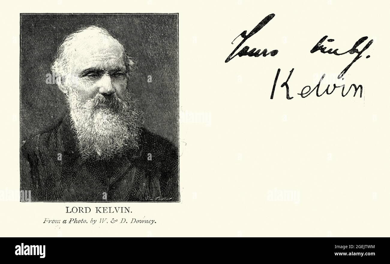 Vintage engraving of Portrait and autograph of William Thomson, 1st Baron Kelvin, a British mathematical physicist and engineer who was born in Belfas Stock Photo