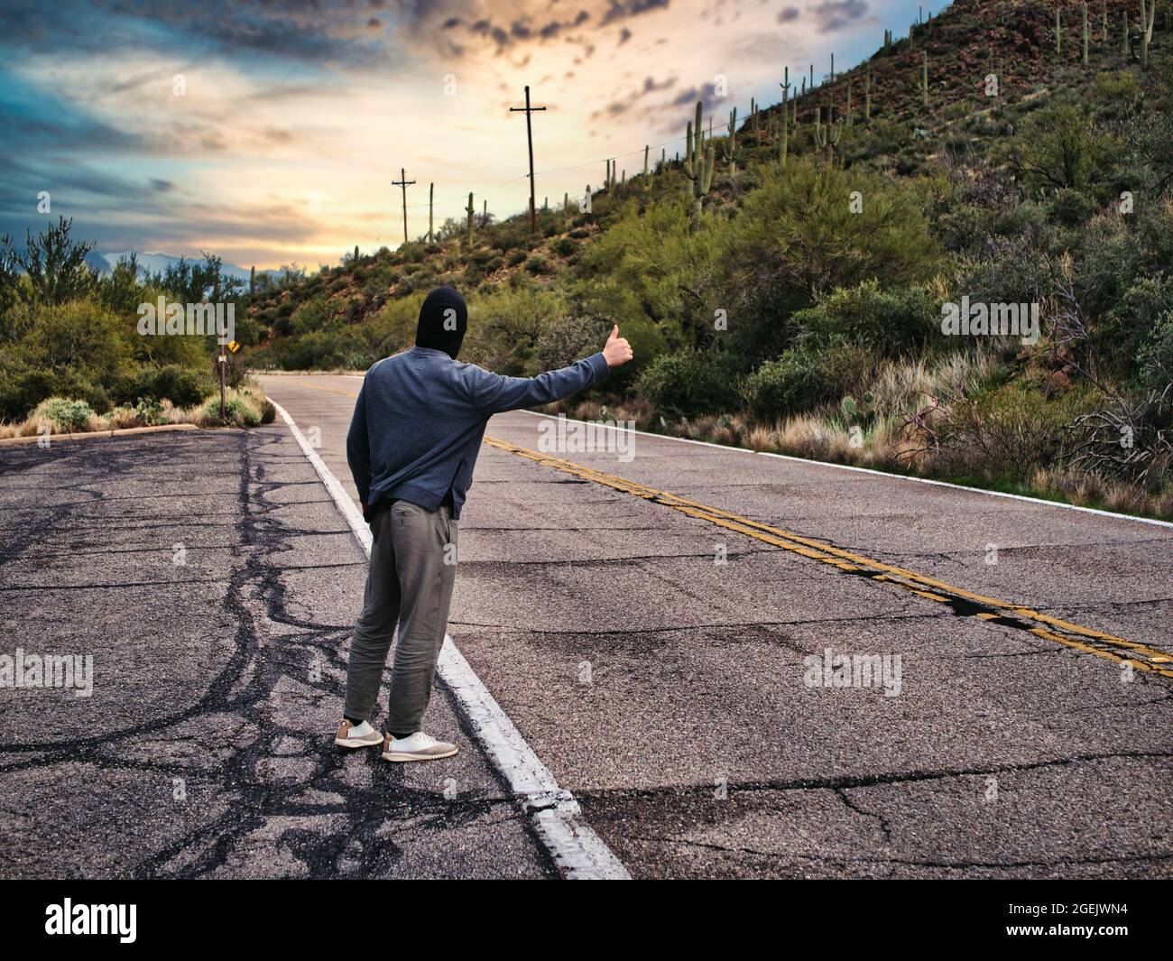 Back of young man, hitchhiker waiting on roadside Stock Photo Alamy
