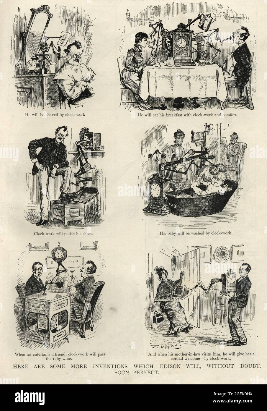 Inventions which Edison will without doubt soon perfect, Victorian cartoon 19th Century Stock Photo