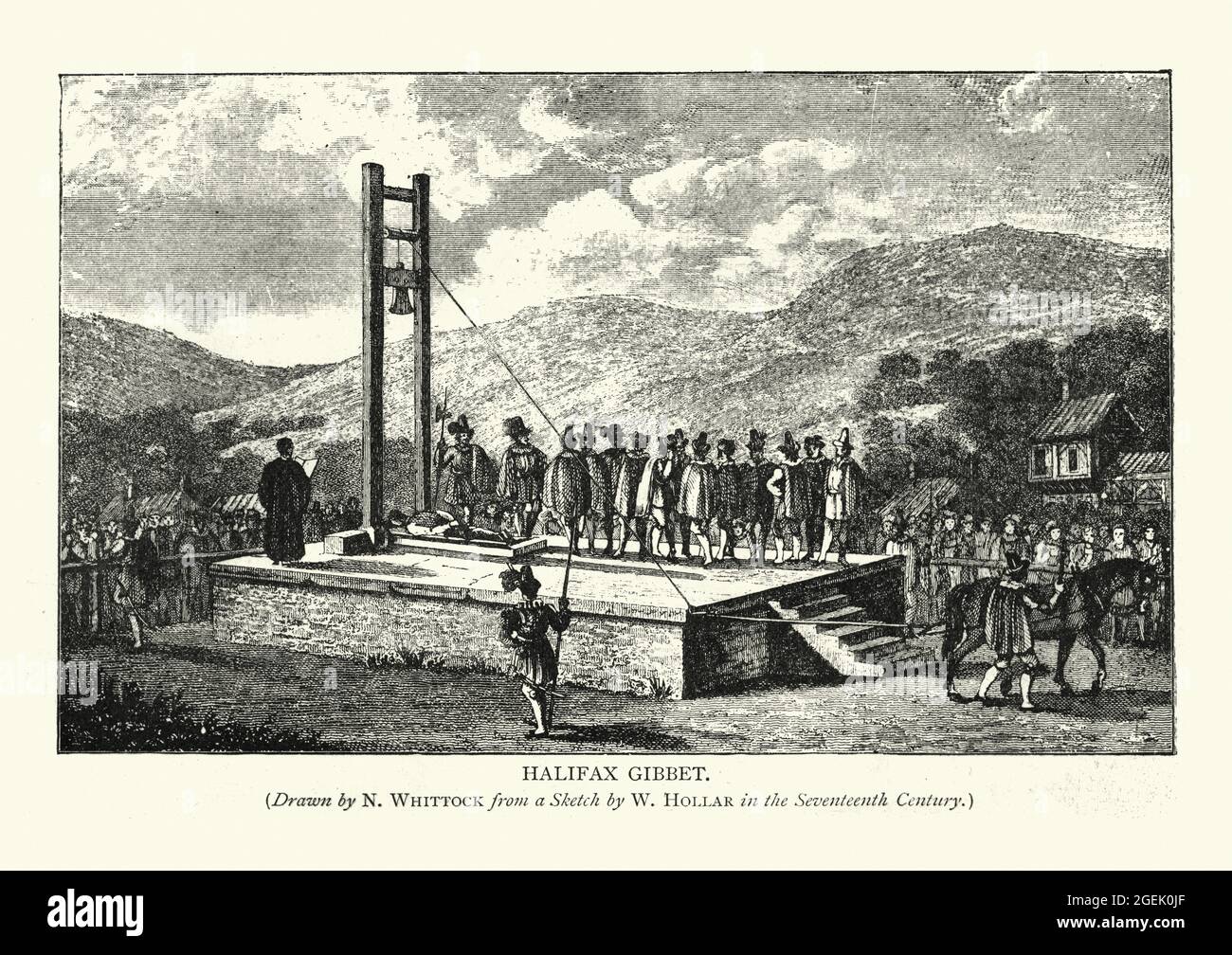 Vintage illustration of Halifax Gibbet, Public execution, 17th Century. The Halifax Gibbet was an early guillotine used in the town of Halifax, West Y Stock Photo