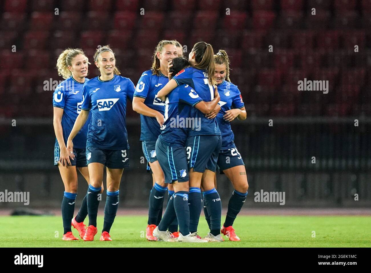 Zurich, Switzerland. 20th Aug, 2021. Isabella Harting (13 Hoffenheim)  celebrates her goal with teammates during the UEFA Womens Champions League  Round 1 Finals football match between TSG Hoffenheim and AC Milan at