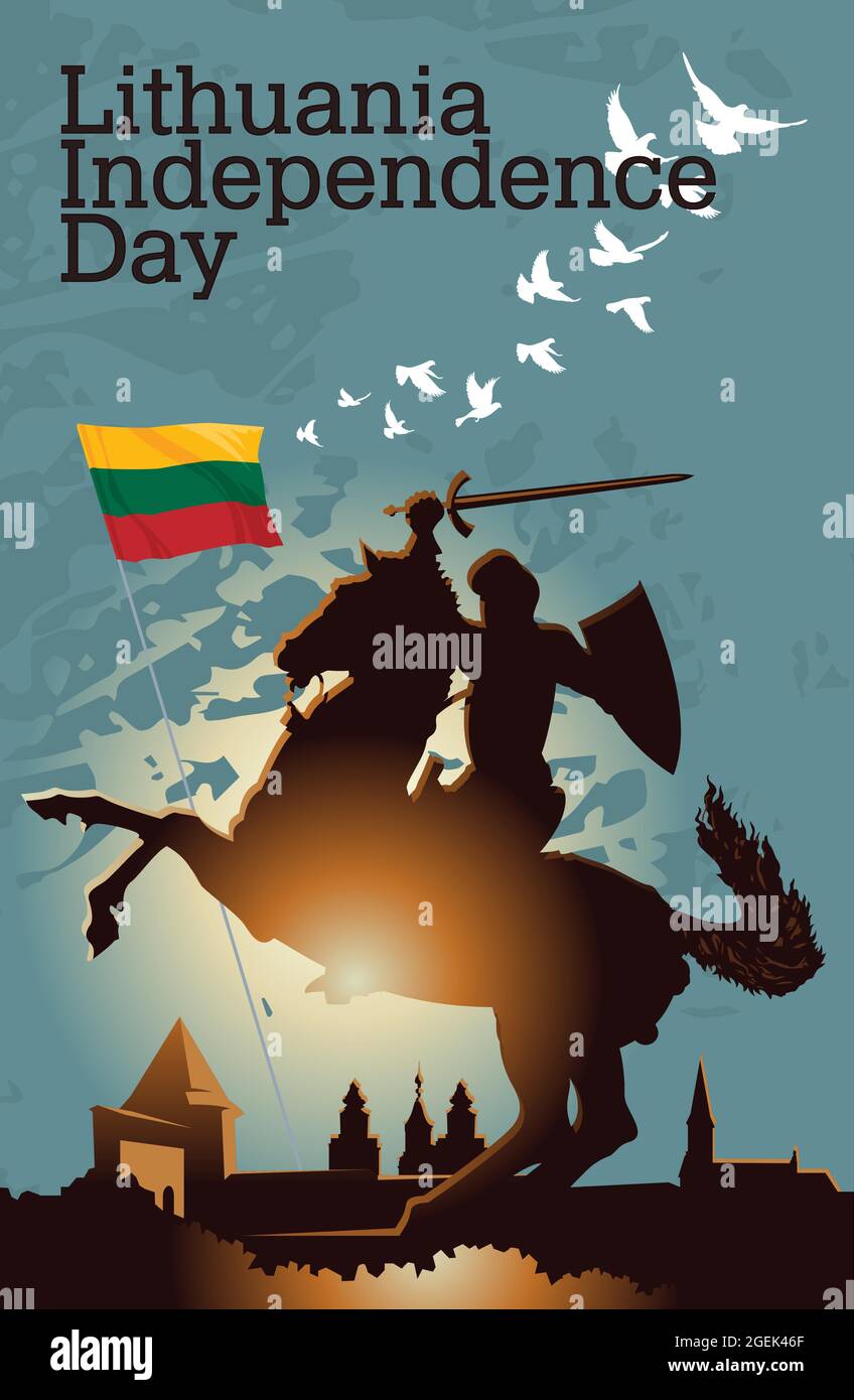 Lithuanian Knight (Vytis), Vytautas the Great, on the background of Kaunas city with National flag Lithuania. Happy Independence Day. Stock Vector