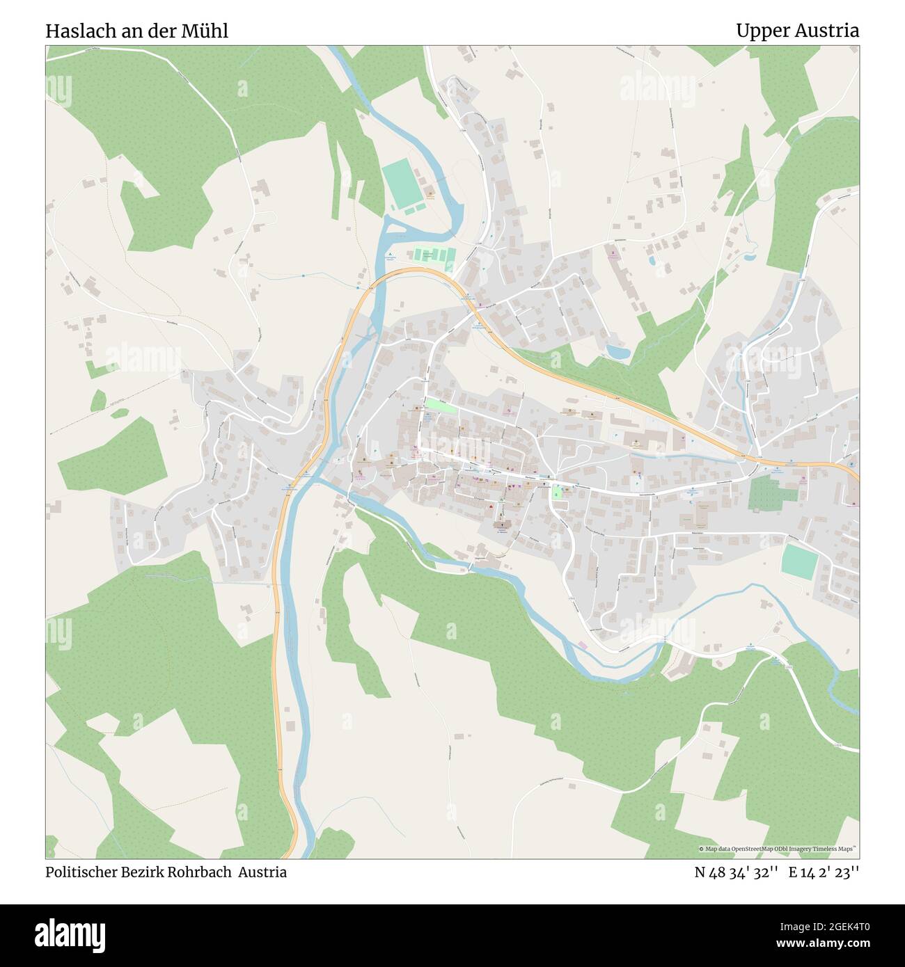 Haslach an der Mühl, Politischer Bezirk Rohrbach, Austria, Upper Austria, N 48 34' 32'', E 14 2' 23'', map, Timeless Map published in 2021. Travelers, explorers and adventurers like Florence Nightingale, David Livingstone, Ernest Shackleton, Lewis and Clark and Sherlock Holmes relied on maps to plan travels to the world's most remote corners, Timeless Maps is mapping most locations on the globe, showing the achievement of great dreams Stock Photo