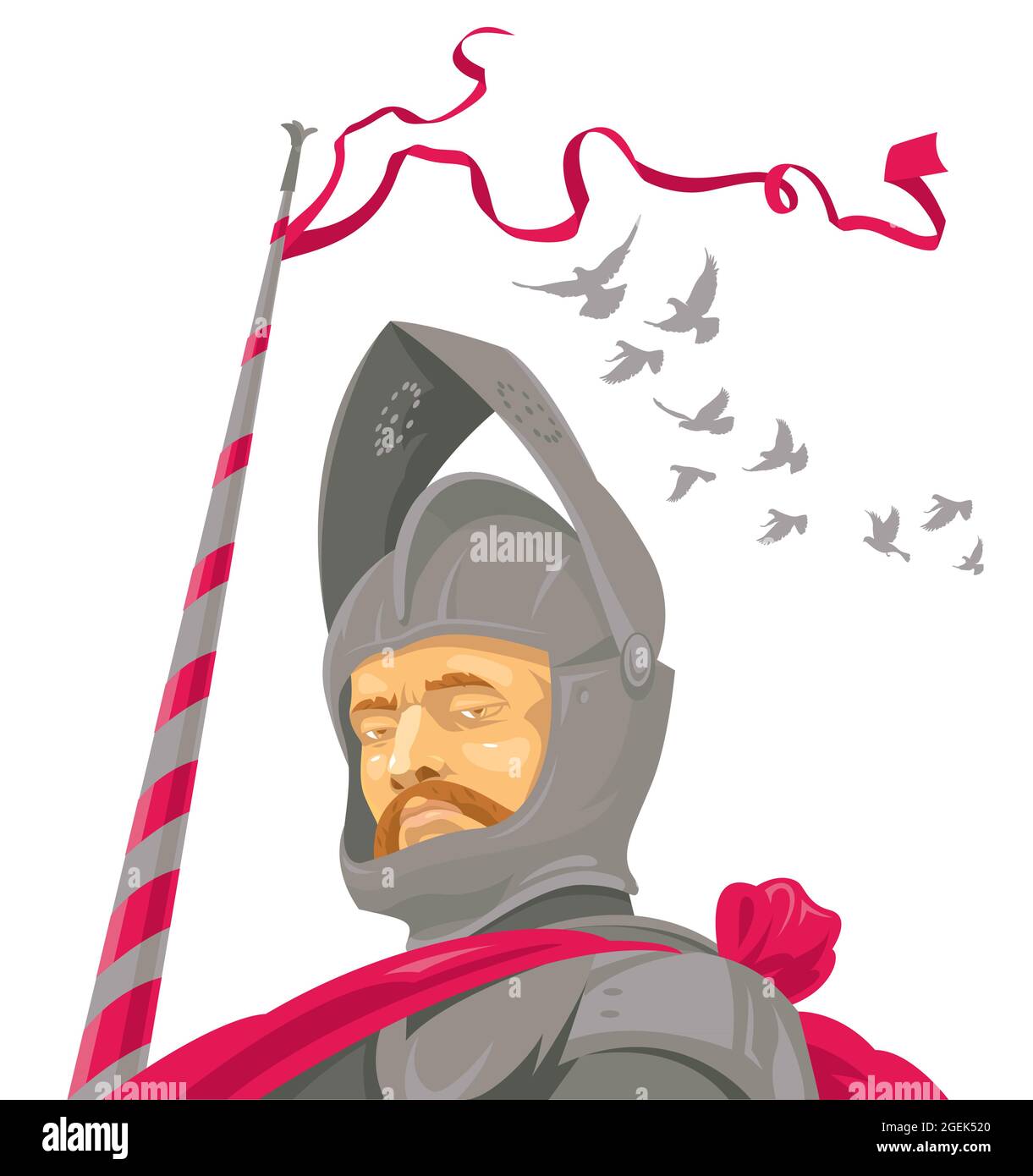 Knight in armor with a spear and developing pink ribbons at the tournament. Isolated vector illustration. Stock Vector
