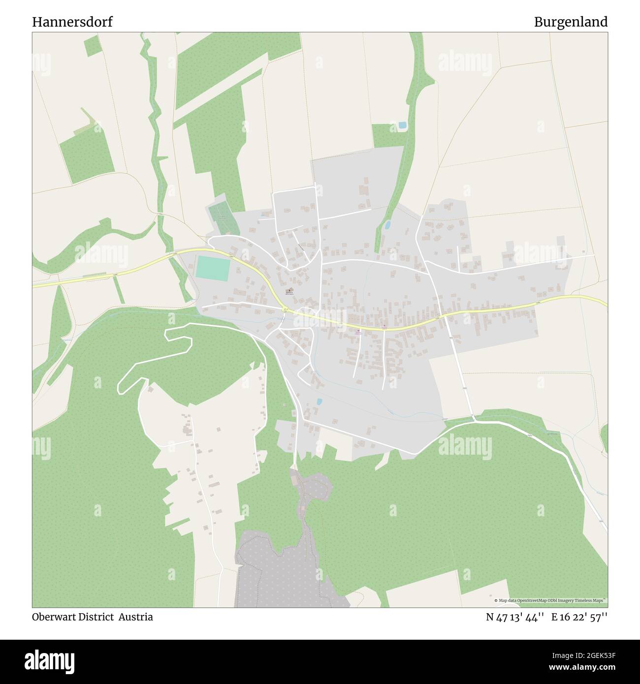 Hannersdorf, Oberwart District, Austria, Burgenland, N 47 13' 44'', E 16 22' 57'', map, Timeless Map published in 2021. Travelers, explorers and adventurers like Florence Nightingale, David Livingstone, Ernest Shackleton, Lewis and Clark and Sherlock Holmes relied on maps to plan travels to the world's most remote corners, Timeless Maps is mapping most locations on the globe, showing the achievement of great dreams Stock Photo