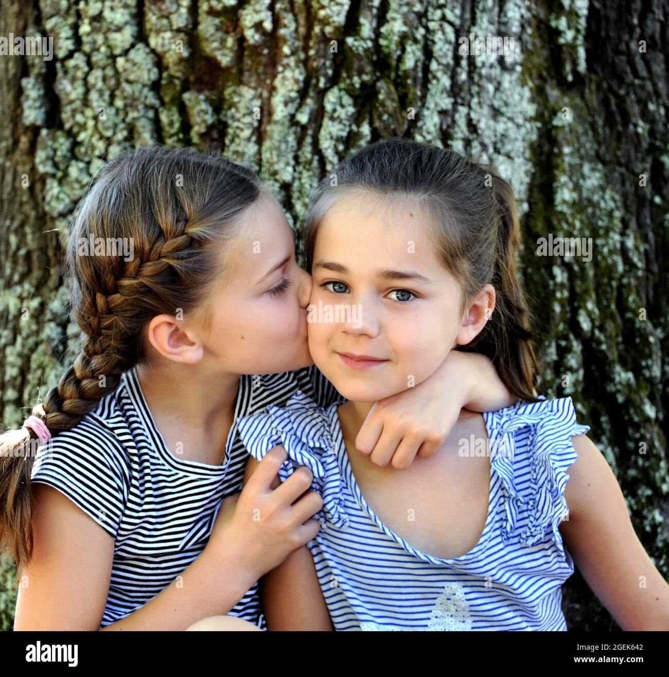 Two sisters sit outside besides a tree.  One sister kisses the other on the cheek.  They both have on striped shirts. Stock Photo
