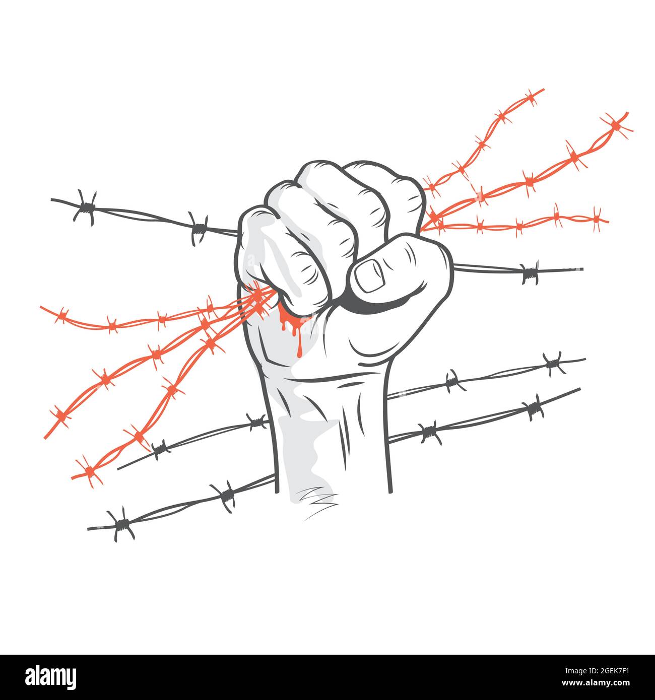 Barbed wire clenched in fist. Illustration on the theme of dictatorship and the Holocaust. Console camp. Resistance and revolution symbol concept Stock Vector