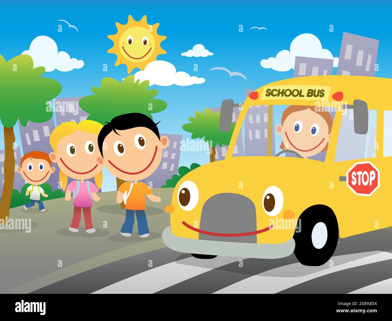 Happy students children are going to catch the school bus. Sunny day in the city scene. Vector cartoon illustration Stock Vector