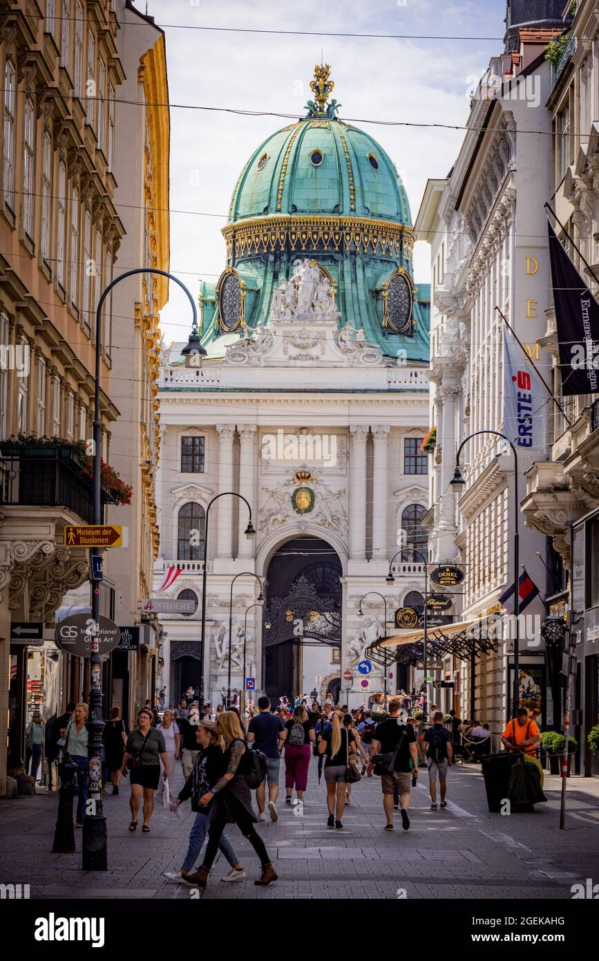 Pedestrian zone in Vienna with a view to the Imperial Palace - VIENNA, AUSTRIA, EUROPE - AUGUST 1, 2021 Stock Photo