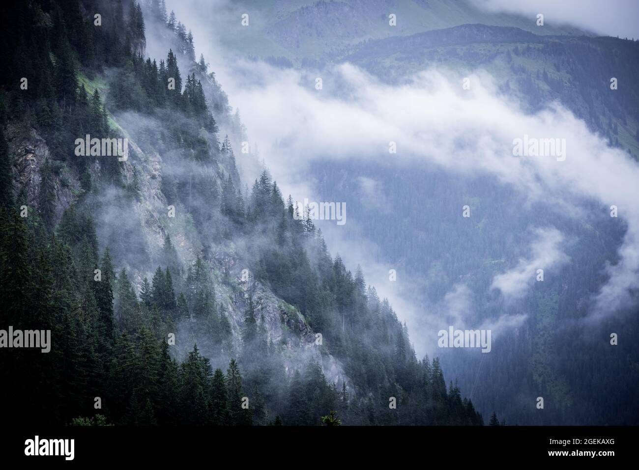 A rainy day in the Austrian Alps with deep clouds and fog Stock Photo ...