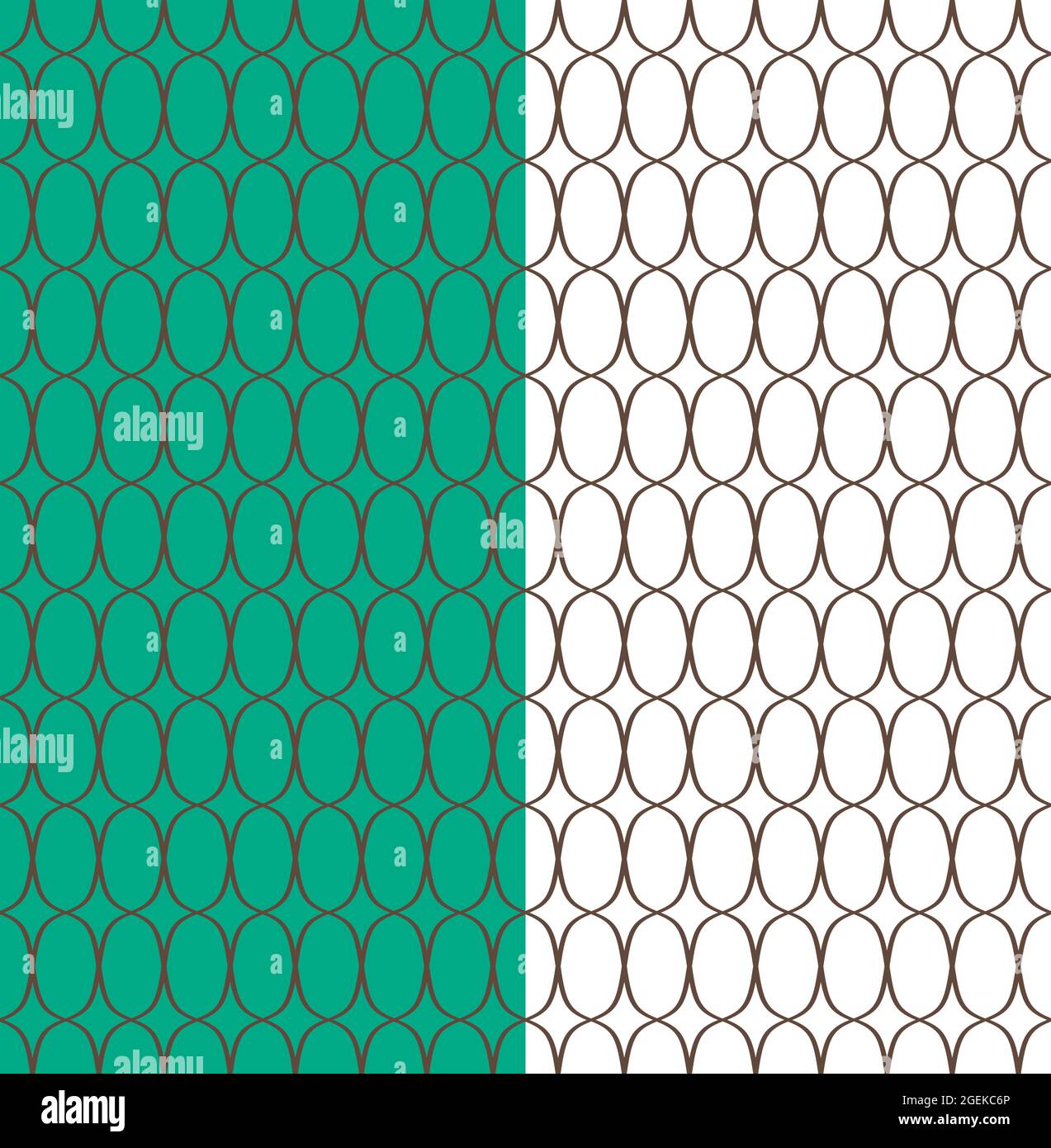 Rhomb and ellipse grid seamless pattern. Outline optic illusion template, brown contour. White, green easy editable background. Vector Stock Vector