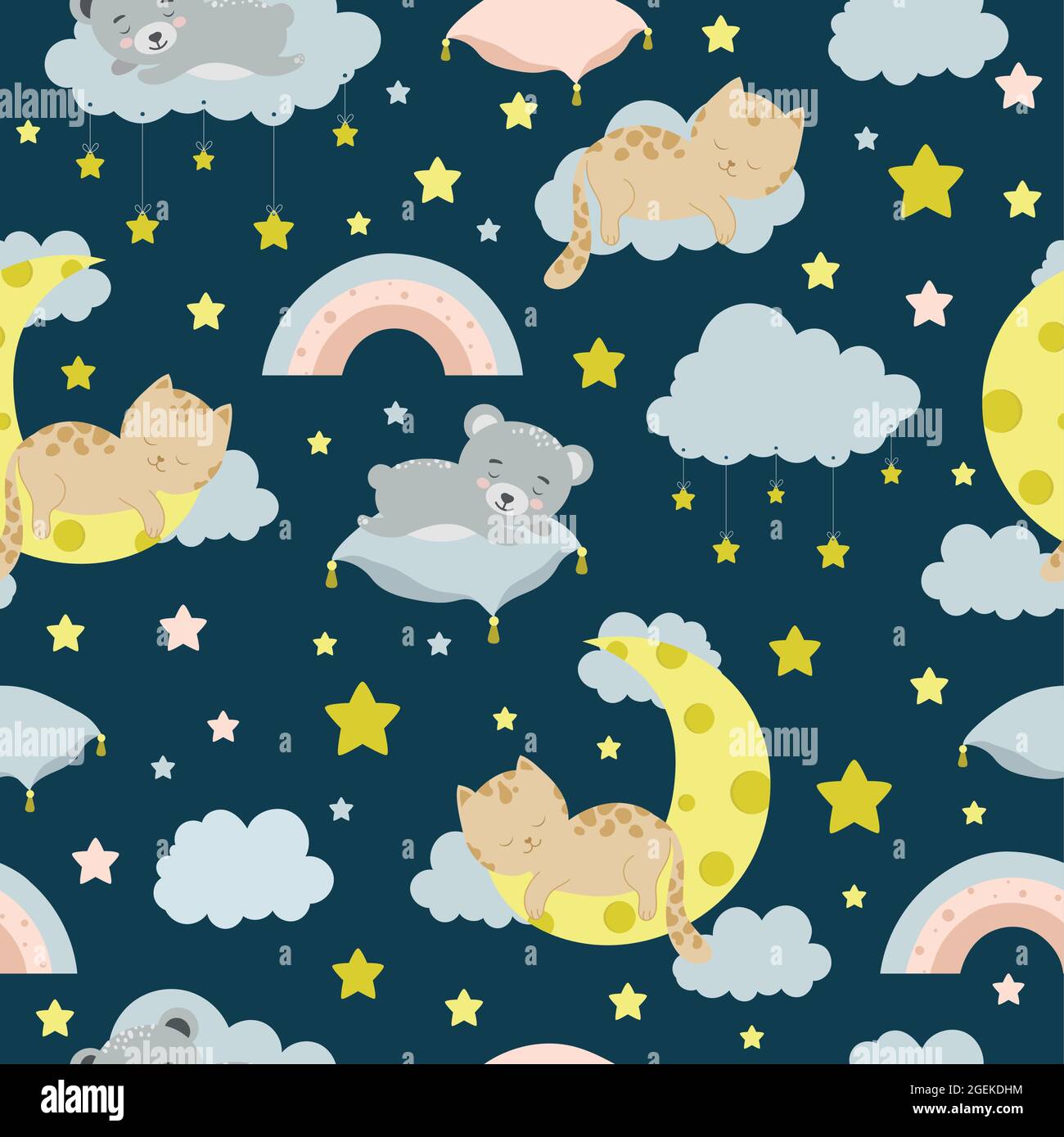 Seamless children pattern with cat, bear, lion, clouds, moon and stars ...