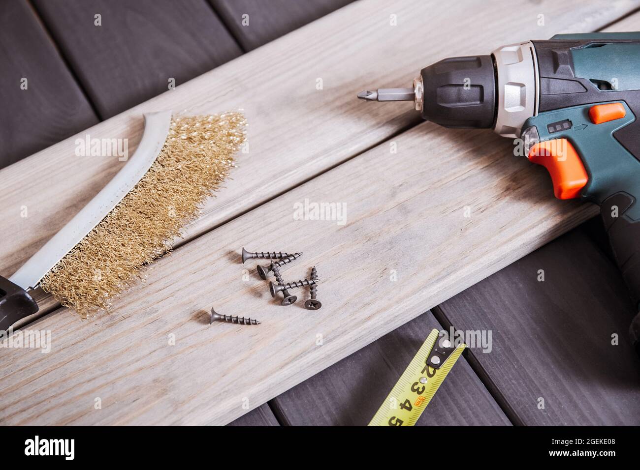 Construction tools and equipment on wooden boards Stock Photo Alamy
